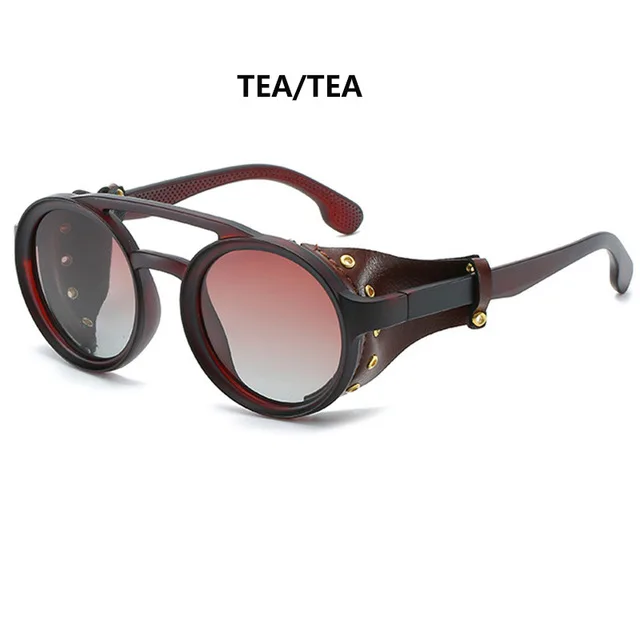Prouddemon Ретро винтажный круглый поляризованные классические солнцезащитные очки для мужчин кожаный боковой щит мужские классические солнцезащитные очки стимпанк - Цвет линз: 1923 TEA TEA