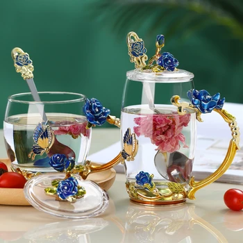 

Crystal Glass Cup Blue Rose Temperature Resistant Enamel Tea Drink Glasses Set with Spoon Party Desk Decoration Exquisite Gifts
