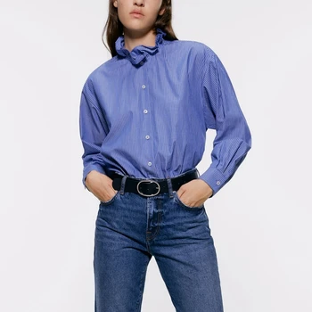 

2019 Autumn New Blue Striped Blouse Korean Style Casual Loose Button Ruffled Long Sleeve Women Shirts Tops