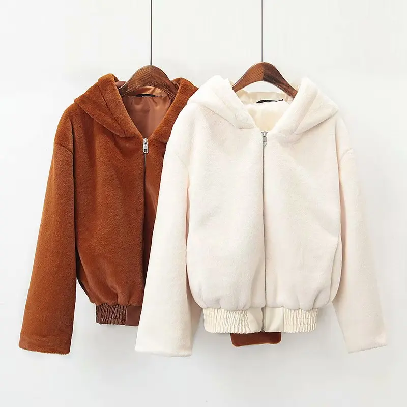 

Korean-style Puff Sleeve Thick Warm Hooded Faux Fur Coat Women's Short Velvet Fur Coat