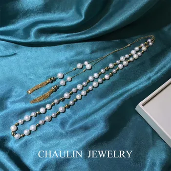 

CHAULIN Long Chain free shiping Double Tassel Freshwater Pearl Long Chain handmade Sweater chain for women Party or date