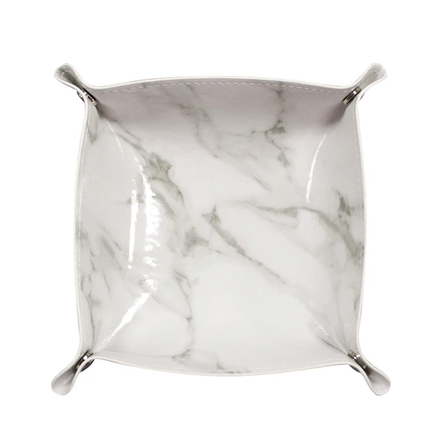 Nordic Marbling Folding Storage Tray PU Leather Dice Rolling Tray Collapsible Key Coin Storage Box Desktop Storage Organizer white