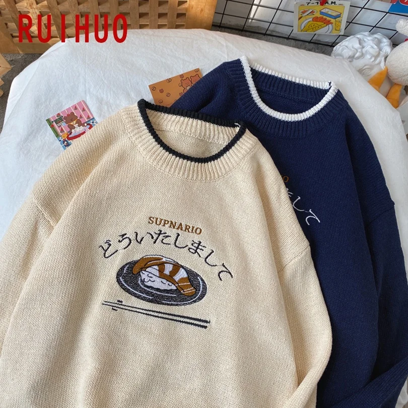 RUIHUO Japan Style Knit Sweater Men Clothing 2021 Fashion Harajuku Sweaters Pullover Mens Sweater For Men Korean Clothes M-2XL