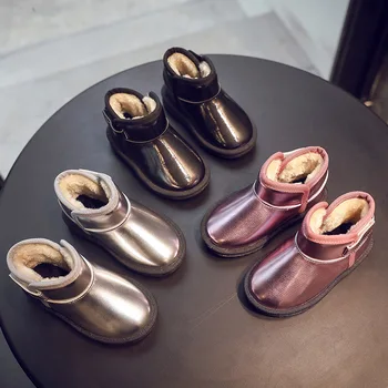 

New Winter Children's snow boots Shiny PU leather Kids shoes Warm Plush Girls Martin Boots Boys Rain Boots