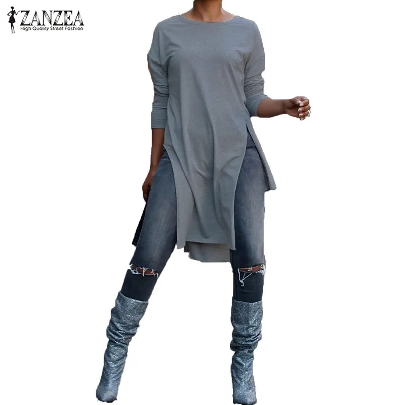 Серый Большие размеры Blusas женская блузка ZANZEA стильный Асимметричный Длинный топ с высоким разрезом рубашка с длинным рукавом Повседневная Туника Топы сорочка - Цвет: Серый
