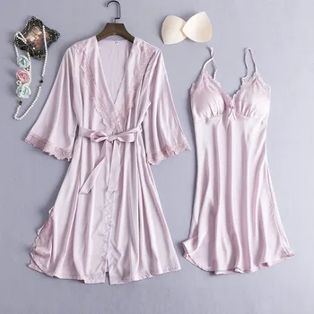 

Women Twinset Robe Suit Bride Bridesmaid Wedding Robe Satin 2PCS Nighty&Robe Set Sexy Homewear Sleepwear Lace Nightgown Bathrobe
