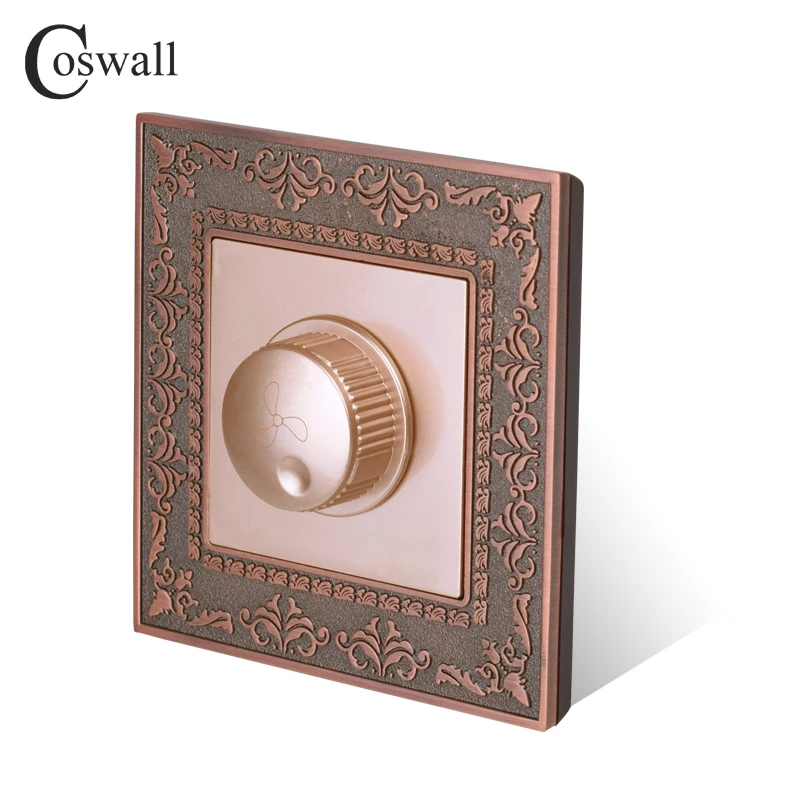Coswall Zinc Alloy Metal Panel Fan Controller Regulator On / Off Wall Switch 15-300W 16A AC 110-250V Retro Embossing Frame
