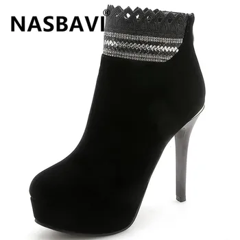 

NASBAVI new fashion style contracted Tide Girl Boots British Style zipper Fine heel Thick bottom Rhinestone lacework Boot winter