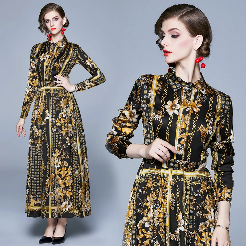 Fashion Designer Runway Dress Women's Long Sleeve Bow Tie Flower Print Vintage Maxi Dress Dress Women Dresses Woman Party Night