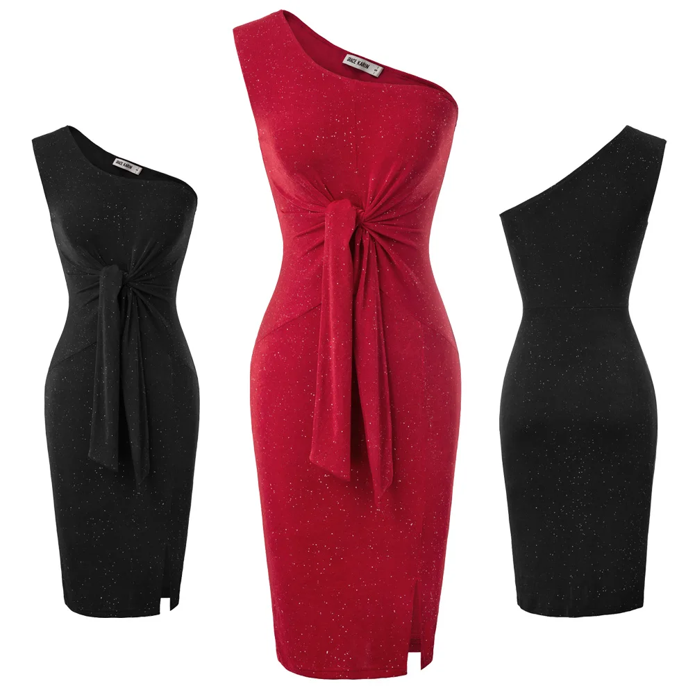 Black/Red Women dresses Self-tie Details Pencil Dress Sleeveless One Shoulder Hips-Wrapped lace-up split sexy dress vestido lady