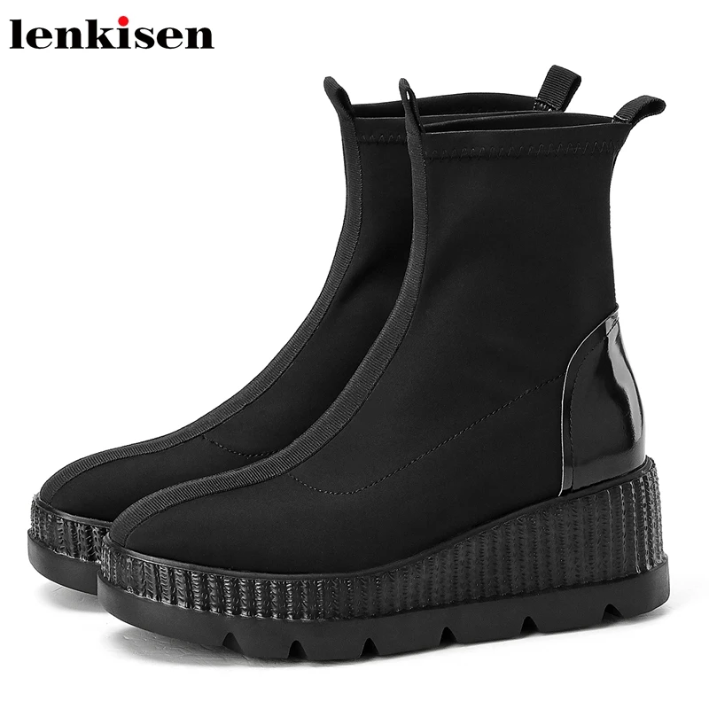 

Lenkisen elastic fabric patent leather Boots high heels round toe platform wedge solid black colors winter women ankle boots L52