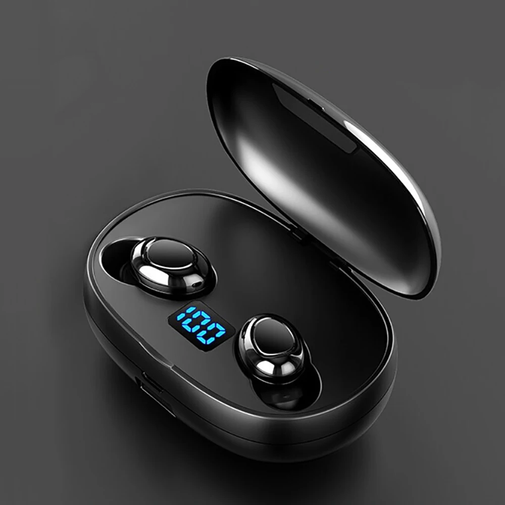 Мини TWS светодиодный Bluetooth наушники 5,0 9D стерео беспроводные наушники с шумоподавлением Bluetooth наушники с аккумулятором 2200 мАч - Цвет: Black