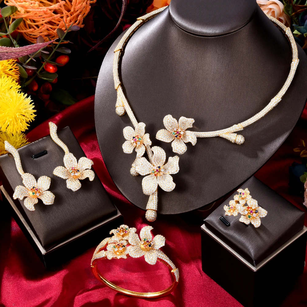 

KellyBola New Fashion Elegant Flowers Jewelry Sets For Women Wedding African Indian Cubic Zirconia Dubai Bridal Jewelry Necklace