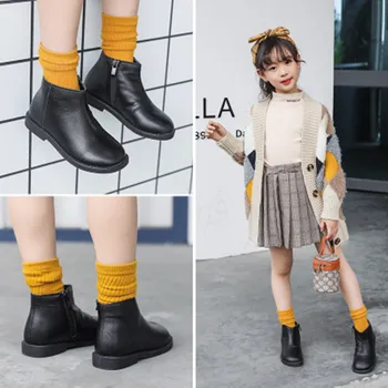 

2020 Korean New Autumn Winter Children's Side Zipper Boots,Black Short Boots Unisex,Baby Soft Bottom plus velvet Leather Boots