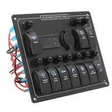 10 Gang Marine Rocker Switch Panel with Digital Voltage Display + Cigarette Lighter + 10 Blue LED ON Off Button Switches