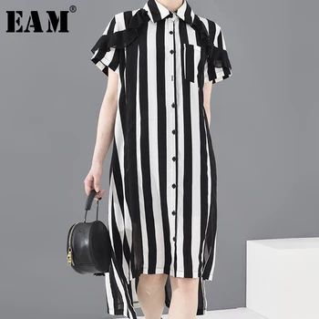 

[EAM] Women Black Striped Stitch Big Size Shirt Dress New Lapel Short Sleeve Loose Fit Fashion Tide Spring Summer 2020 1T65301