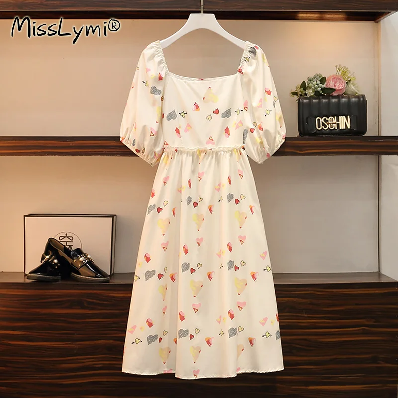 4XL de talla grande de mujer de gasa vestido de verano Vintage 2021 Collar cuadrado Puff manga corta Casual suelto corazón lindo vestidos