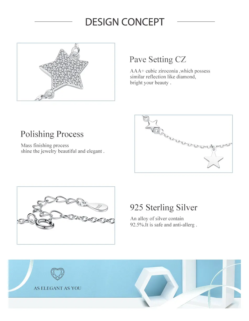 ELESHE Authentic 925 Sterling Silver Star Bracelet Sparkling Crystal Zircon Chain Link Women Bracelet for Women Fashion Jewelry