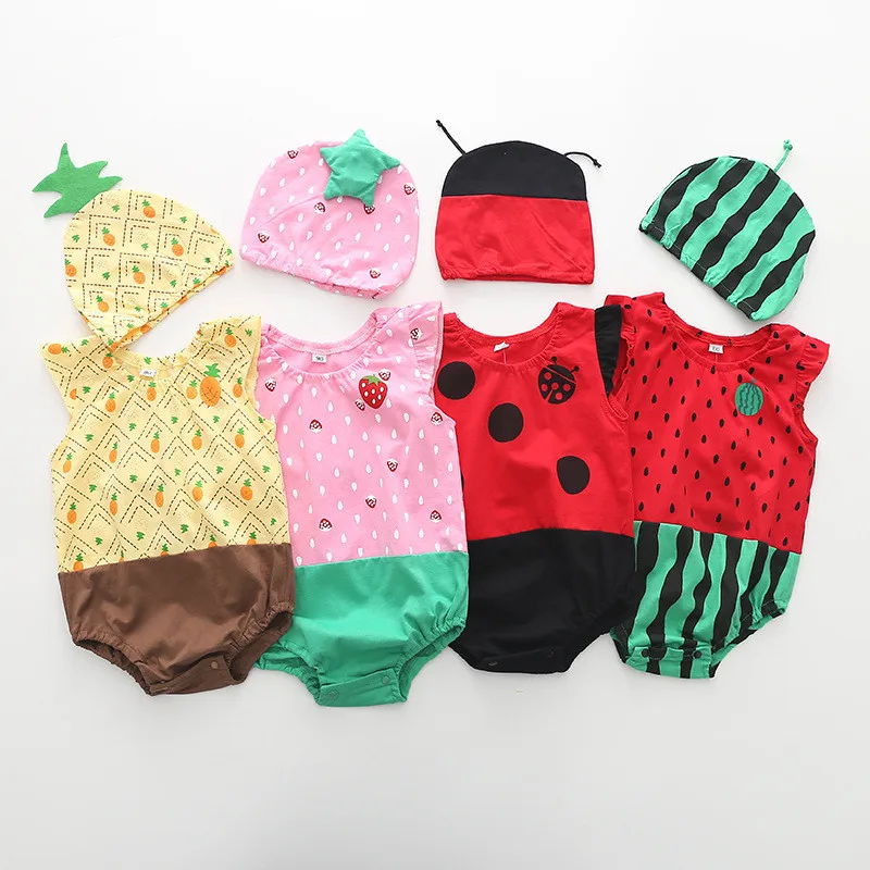 

0-24M Baby Bodysuit + Hat Summer Baby Boy Girls Watermelon Strawberry Ladybug Jumpsuit Cotton Infant Toddler Costumes Sleeveless