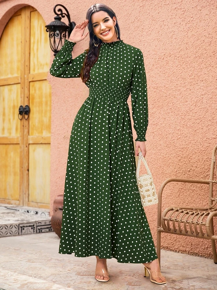 

Long Dresses For Women 2020 Autumn Elegant Polka Dot Print Maxi Dress Lantern Full Sleeve Stand Collar Casual Wear Clothing S-XL