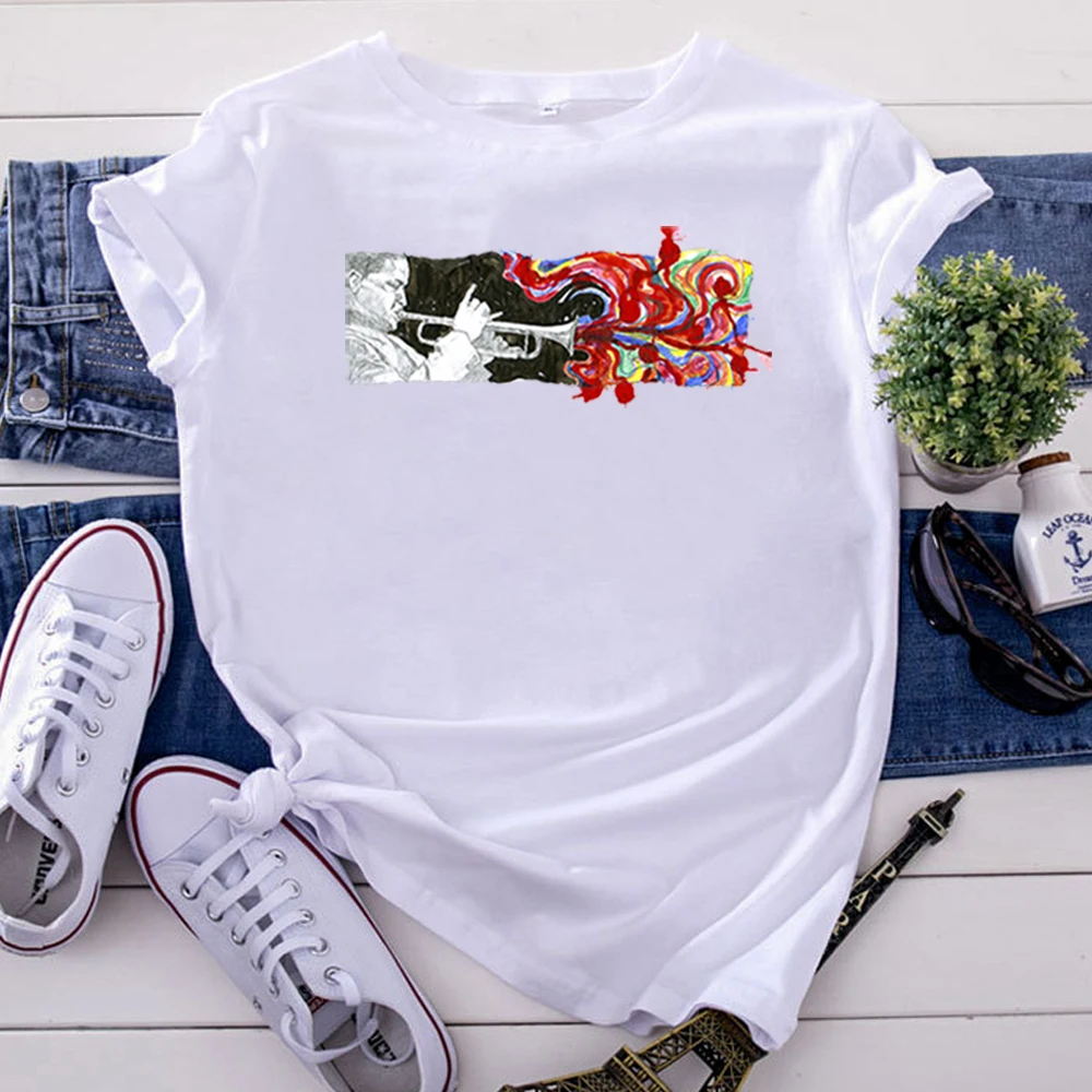 Music Jazz Mixed Media T Shirts Personality Printing T-Shirts For Woman Cotton Hip Hop Women Tshirt Fashion Vintage Tee Shirts