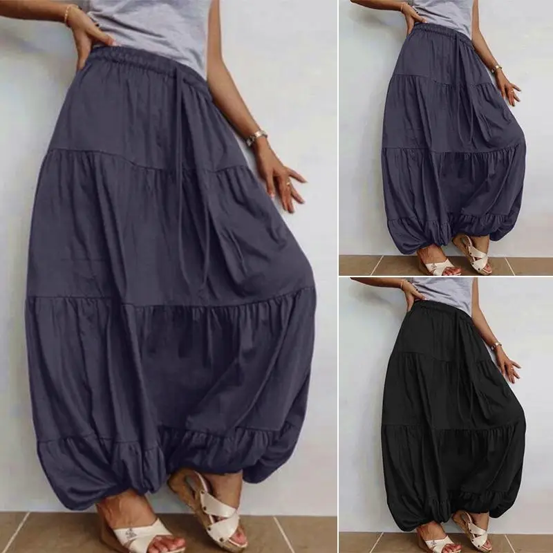 ZANZEA Women Skirts Elastic Waist Solid Long Skirts Female Autumn Vintage Baggy Ruffles Vestido Ladies Casual Skirts Jupe Robe