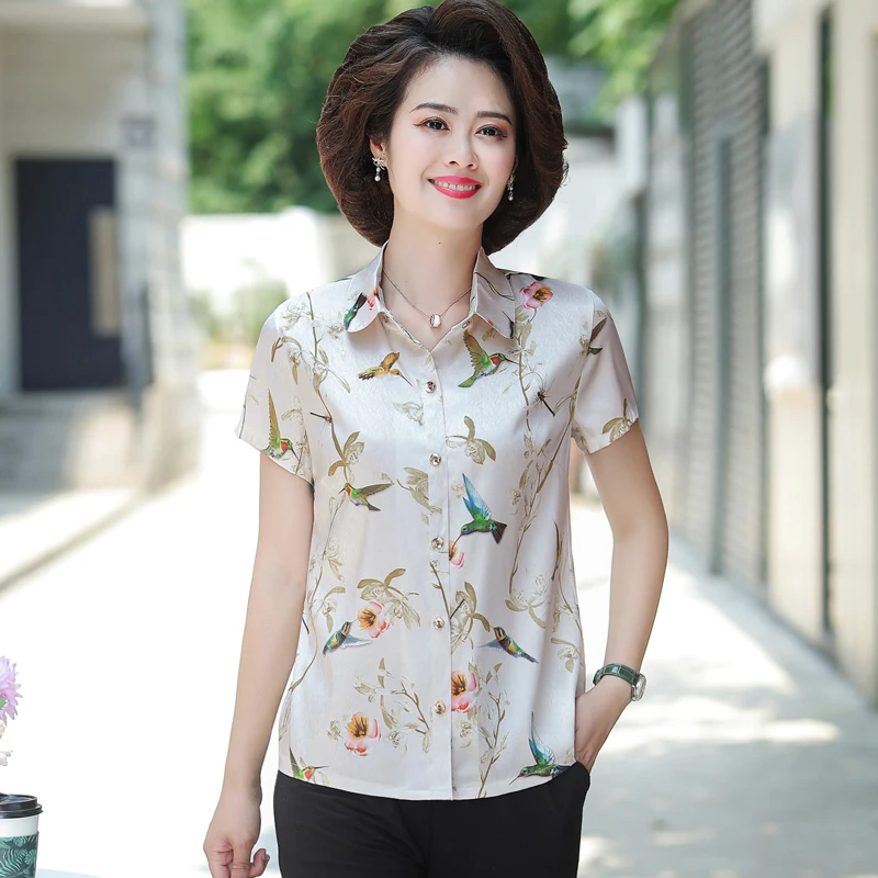 Рубашка женская с отложным воротником Атласный топ цветами на пуговицах спереди