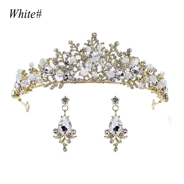 Crystal Rhinestone Princess Tiara Earring Set Wedding Headpiece Jewelry - Окраска металла: White