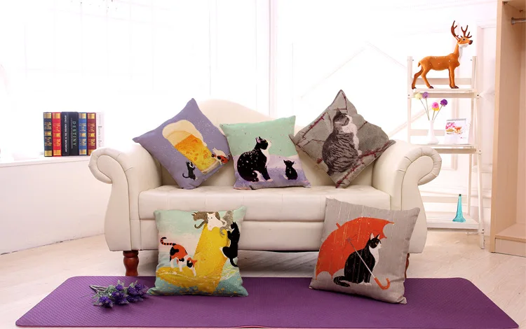 

Animal Colorful Cushion Cover Cat Printed Mandala Cotton and Linen Pillow Case Car Sofa Pillowcase Home Decoration Cover