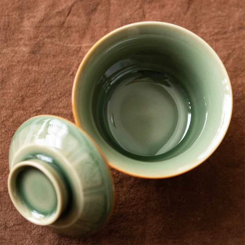 Celadon Hand Carved Gaiwan For Tea Pottery Tureen With Lid Green Teaware Kung Fu Tea Ceremony Set Coffee Cups Bowls Chawan