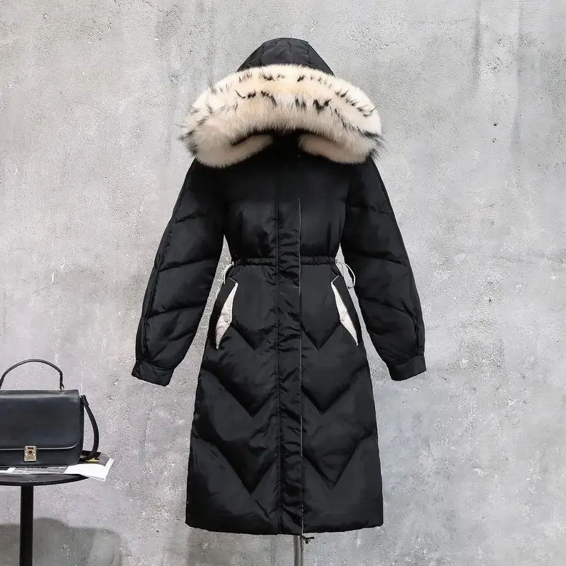 Зимнее женское пуховое пальто с воротником из натурального меха, пуховая куртка, утепленная длинная пуховая парка с капюшоном, женское пуховое пальто, куртка