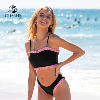 

CUPSHE Black Red Ruffled Bandeau Bikini Sets Sexy Low-waisted Swimsuit Two Pieces Swimwear Women 2020 Beach Bathing Suits