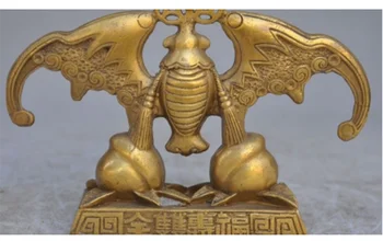 

6" Folk Chinese Brass Wealth Money coin Fengshui Auspicious Fu Bat Peach Statue