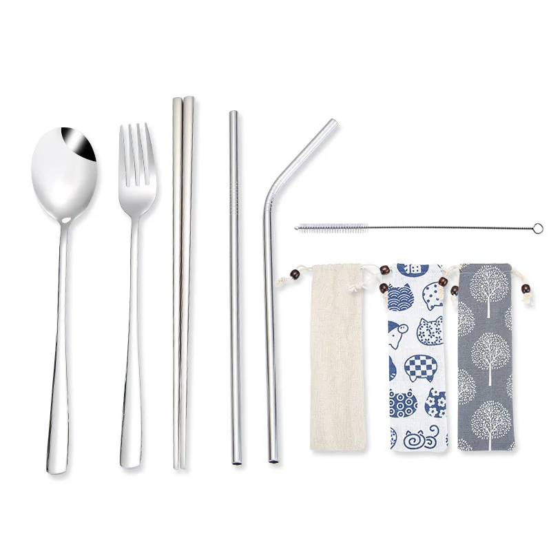 silver set 5 шт./компл. Нержавеющая сталь многоразовый набор посуды столовые приборы металла питьевые Соломки с ложкой палочки дозирующая детская ложка для кисти вилка в сумку для переноски - Цвет: silver set