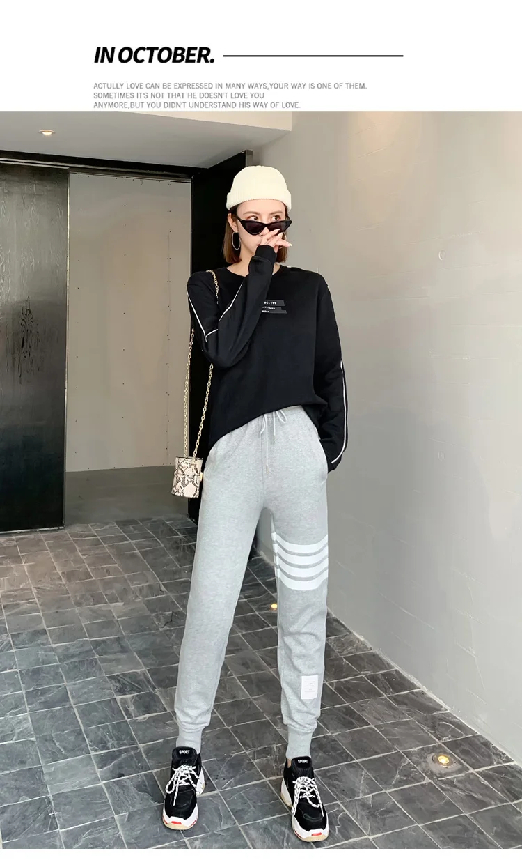BIVIGAOS Four Bars Cotton Gray Sport Pants Women New Korean Casual Sweatpants Slim Joggers Pants Spring Autumn Sweat Pants