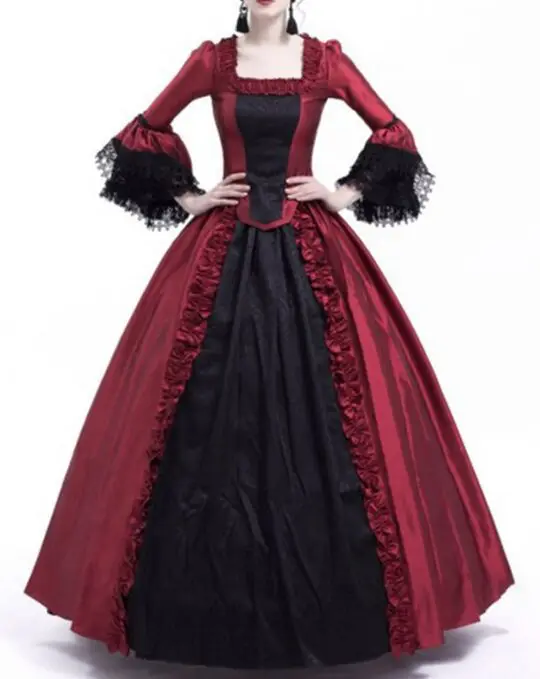Halloween Women Victorian Medieval Queen Cosplay Costume Masquerade Witch Vampire Black Gothic Lace Stitching Long Court Dress