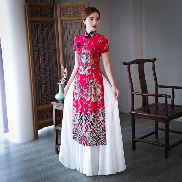 Plus size 5XL cheongsam autumn new female dignified atmosphere Austrian Chinese etiquette Printed pendulum dress Long cheongsam