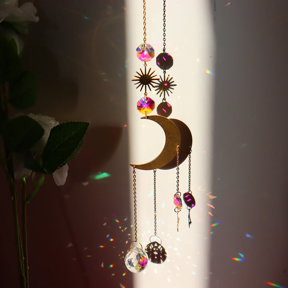 Crystal Moon Sun Catcher Wind Chimes Diamond Prisms Pendant Dream Catcher Rainbow Chaser Hanging Drop Home Garden Decor Gift 5