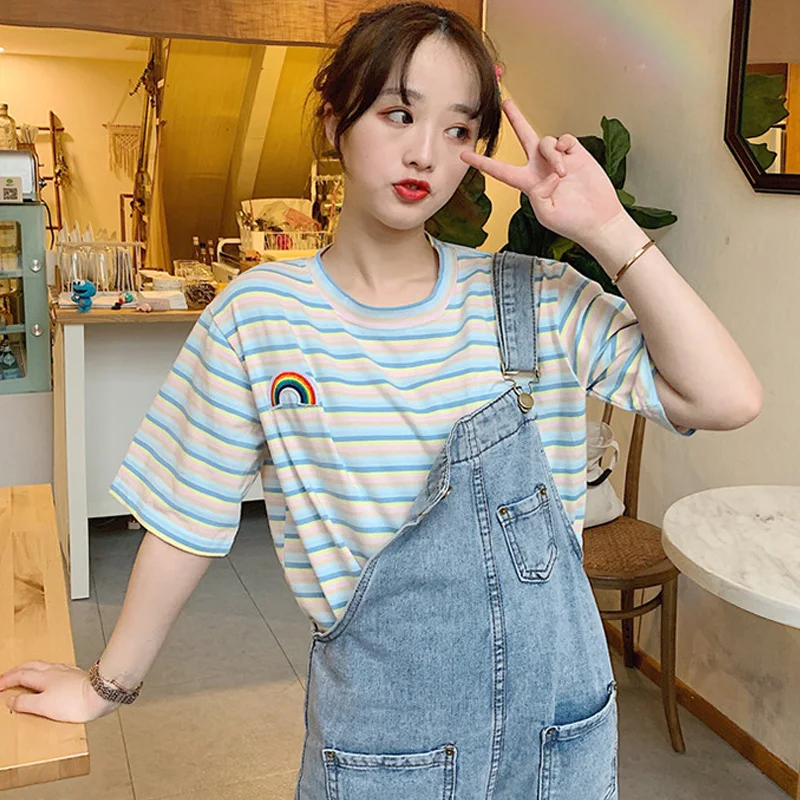 Xian 537 huang Женские футболки с коротким рукавом, Япония, Harajuku, для девочек, Ulzzang, свежий цвет, в полоску, радужная футболка, женская, Корейская, кавайная, розовая, топы, футболки - Цвет: Xian 537 huang
