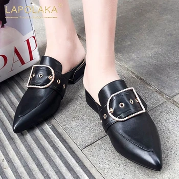 

Lapolaka New Design 2020 Genuine Leather Pointed Toe Slip-On Summer Pumps Mules Chunky Heels Comfortable Shoes Women Pumps