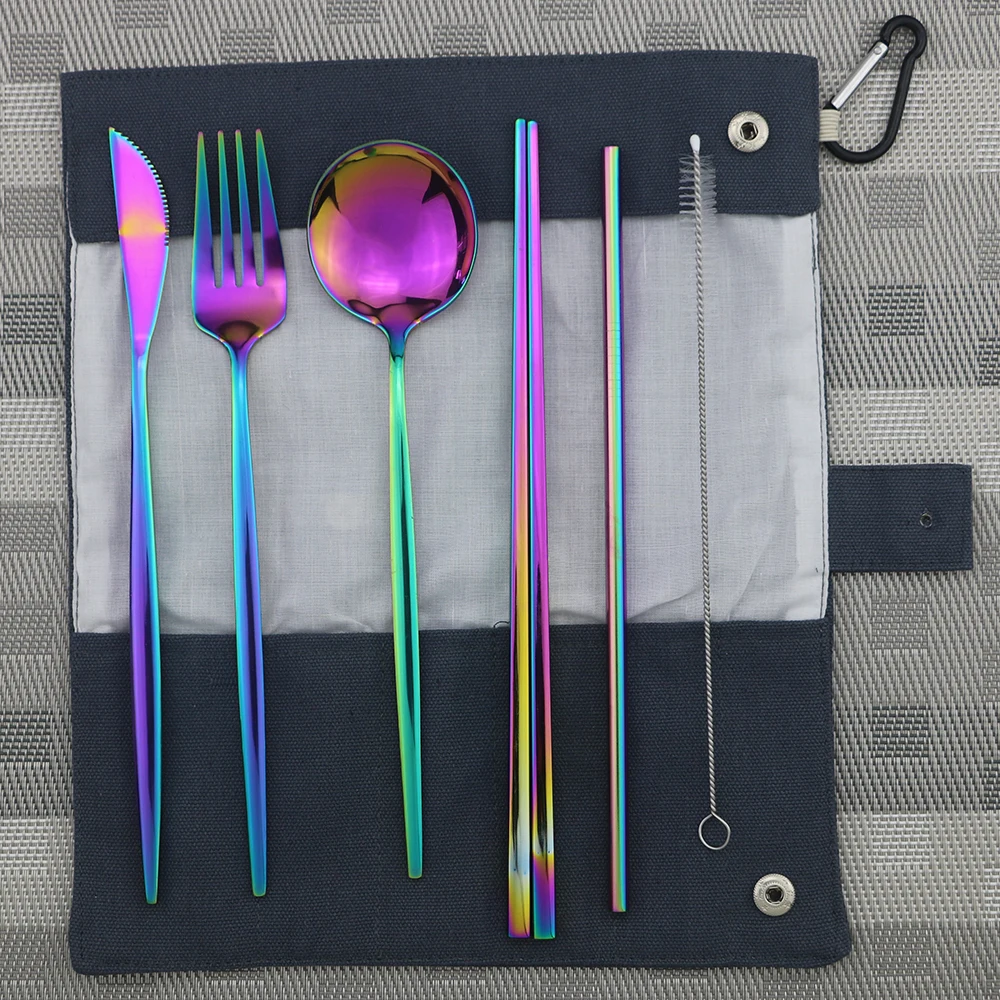 Blue B Bag Rainbow Розовое золото 7 шт. из нержавеющей стали для хранения столовых приборов набор ножей вилка ложка портативный набор столовых приборов пикники офисы принадлежности для барбекю - Цвет: Blue B Bag Rainbow