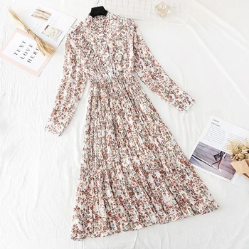 

Pleated Chiffon Dress Women Long Sleeve Elastic Waist Vestidos Female Casual Ruffles Dresses 2020 Spring Summer Midi Dress