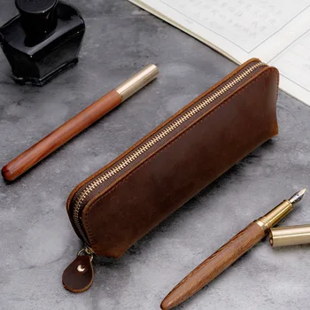 

1 PC New Style Retro Fashion Leather Pencil Case Korean-style Stationery Horse Leather Gift Leather Bag Gift High Quality