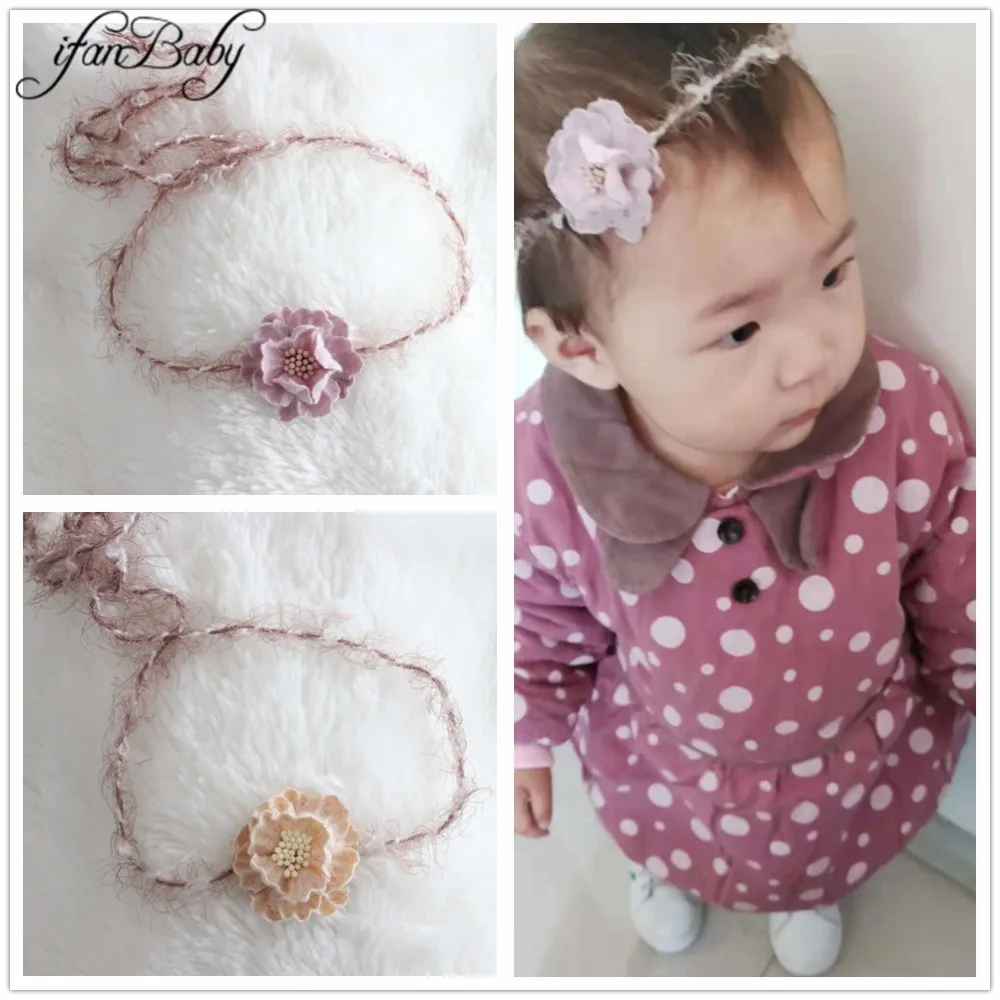 Boutique kids girl hair flower headwear soft back tie headband leather flower headband