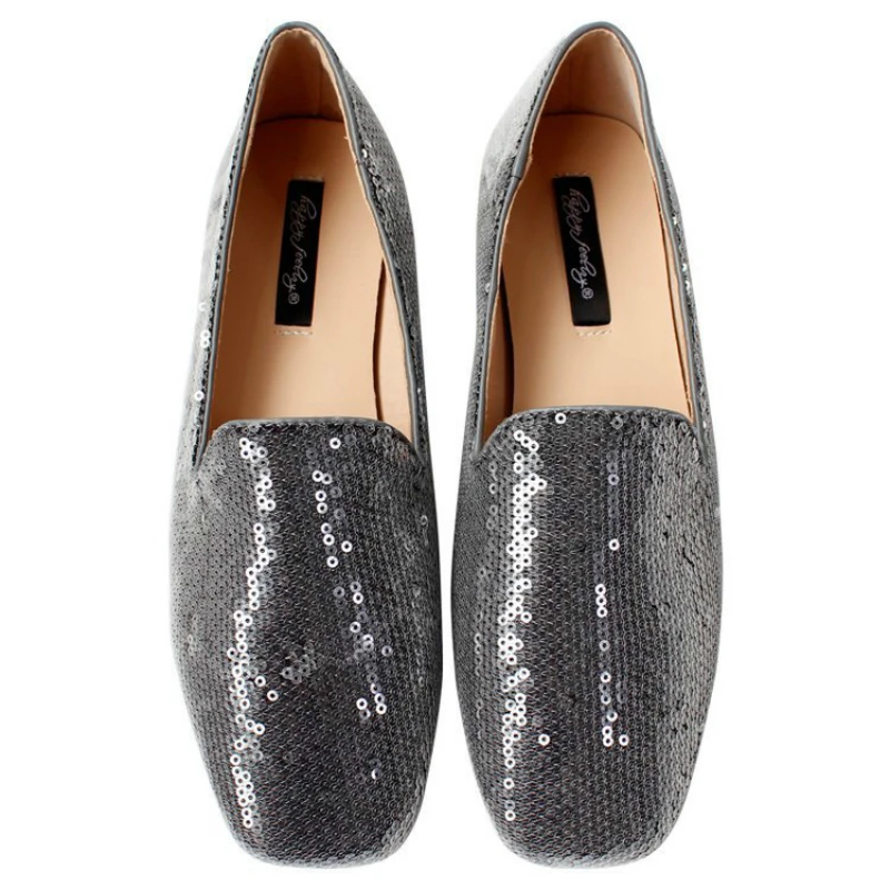 

2019 Woman Bling Flat Single Shoes Spring/Autumn New Shallow Solid Sequined Cloth Loafers Casual Square Toe Zapatos De Mujer