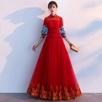 

Exquisite Embroidery Flower Chinese Lady Mesh Dress Sexy Persepective Qipao Vintage Button Evening Party Gown Noble Red Vestidos