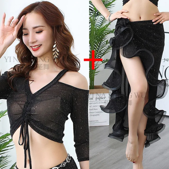 B-Black 3pcs Серебряная сетка сексуальный прозрачный женский набор костюма для танца живота практика длинный обёрточная бумага бедра юбка Одежда для танцев Одежда для восточных танцев - Цвет: B-Black 3pcs