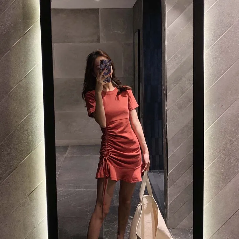 

2019 New Style Summer Drawstring T-shirt Dress Flounced Short Skirt Elegant Slim Fit Short Sleeve Short-height Dress Women's