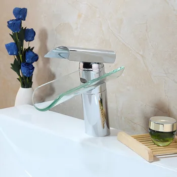 

Waterfall Bathroom Sink Tap Faucet Glass Spout Brass Single Handle Kitchen Sink Basin Faucet