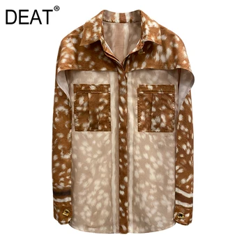 

DEAT 2020 new turn-down collar full sleeves leopard printed pocket patchwork single breasted shirt female blouse WN17804L